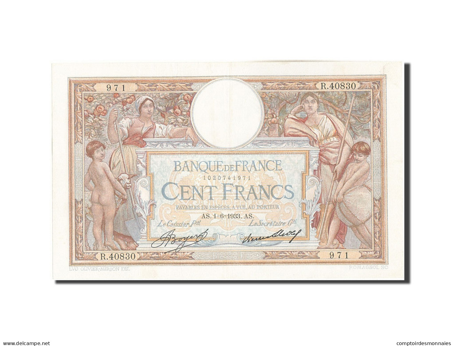 Billet, France, 100 Francs, 100 F 1908-1939 ''Luc Olivier Merson'', 1933 - 100 F 1908-1939 ''Luc Olivier Merson''