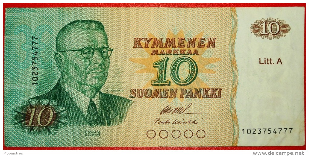 * PRESIDENT: FINLAND ★ 10 MARKS 1980 Litt. A 1023754777! OLL / Koi! LOW START &#9733; NO RESERVE! PAASIKIVI (1946–1956) - Finland