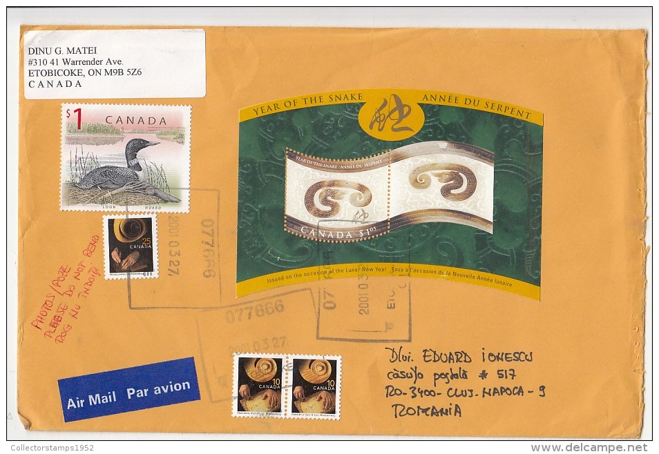 2482FM- ARTISTIC WOODWORKING, LEATHERWORKING, LOON BIRD, CHINESE YEAR OF THE SNAKE, STAMPS ON COVER, 2001, CANADA - Covers & Documents