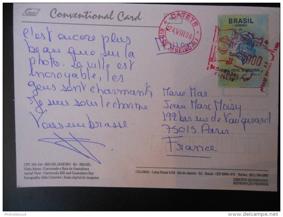 Bresil Carte De Rio 1998 Pour Paris - Lettres & Documents