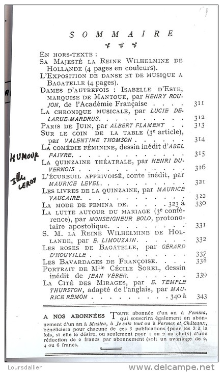 Revue FEMINA N°273 Du 1 6 1912 MODE WILHELMINE FAIVRE ESTE LEVEL BOLO SOREL TEMPLE THURSTON REMON  HENRIOT (liste) - 1900 - 1949