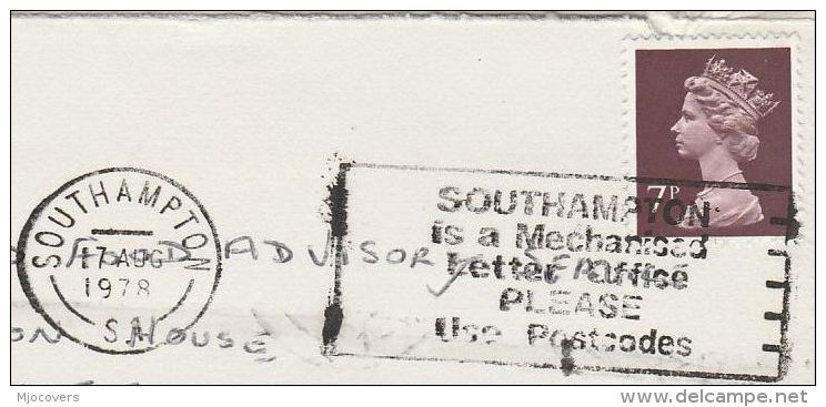 1978 Southampton  GB COVER SLOGAN Pmk SOUTHAMPTON IS A MECHANISED LETTER OFFICE USE POSTCODE  Stamps - Postcode