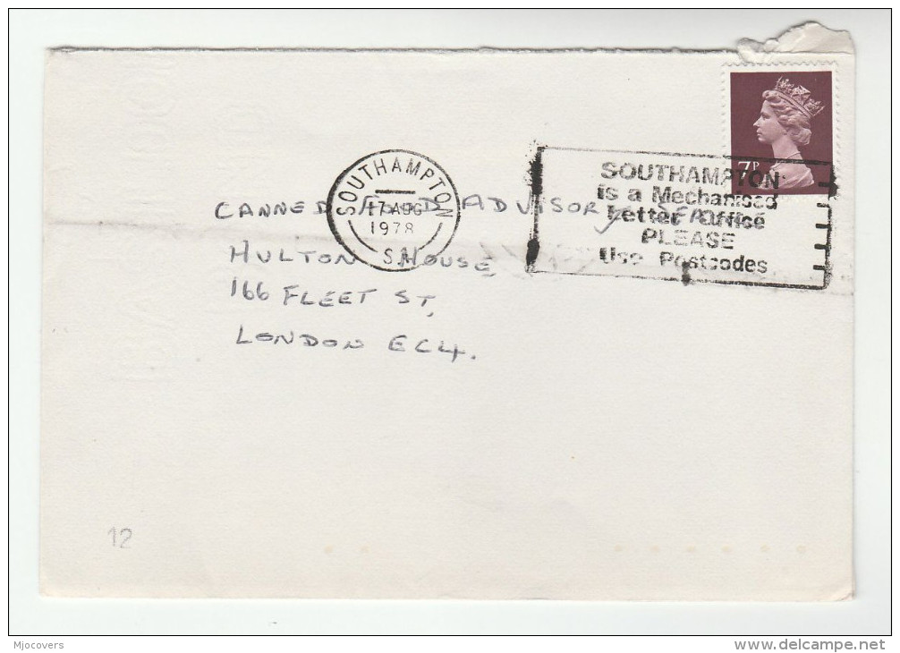 1978 Southampton  GB COVER SLOGAN Pmk SOUTHAMPTON IS A MECHANISED LETTER OFFICE USE POSTCODE  Stamps - Code Postal