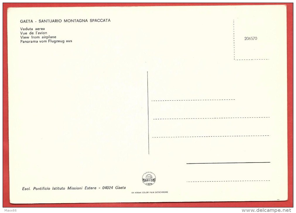 CARTOLINA NV ITALIA - GAETA (LT) - Santuario Montagna Spaccata - Veduta Aerea - 10 X 15 - Latina
