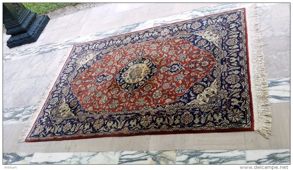 NAIN - Tapis Crème Bordeaux Et Bleu - Superbe Qualité 9LA Laine/soie Chaîne Coton - Tapis & Tapisserie