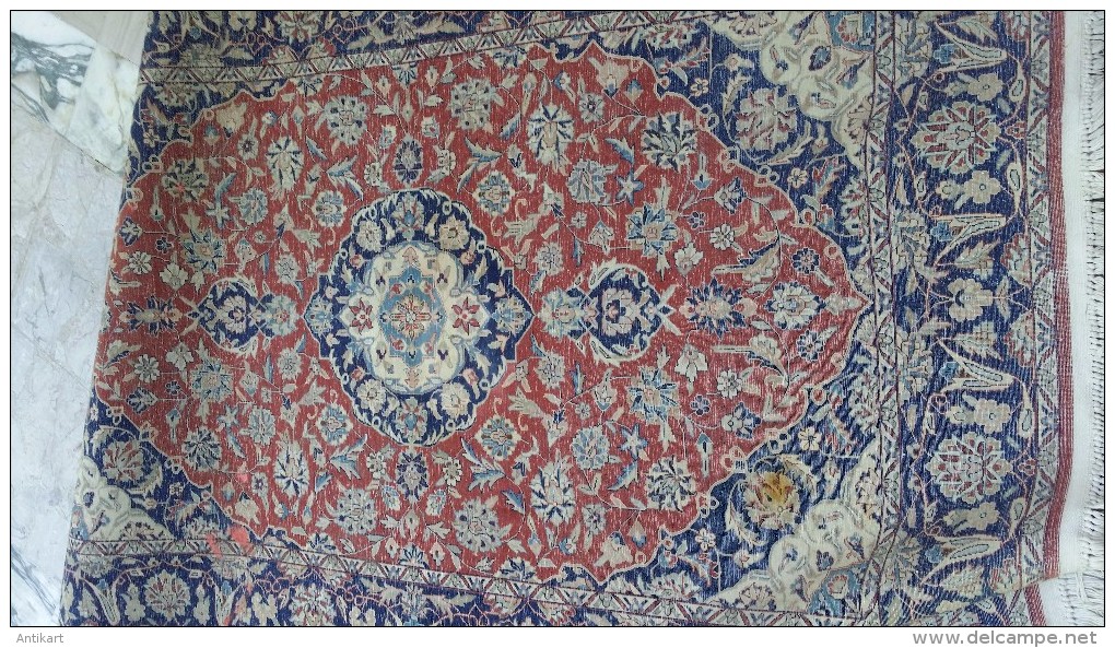 NAIN - Tapis Crème Bordeaux Et Bleu - Superbe Qualité 9LA Laine/soie Chaîne Coton - Tapis & Tapisserie