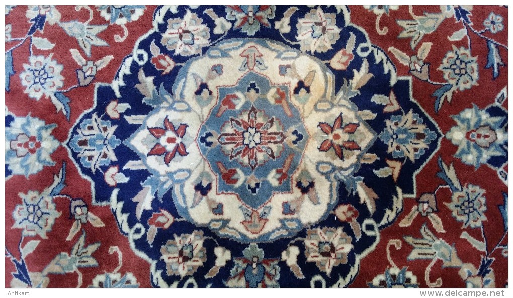 NAIN - Tapis crème bordeaux et bleu - Superbe qualité 9LA Laine/soie chaîne coton