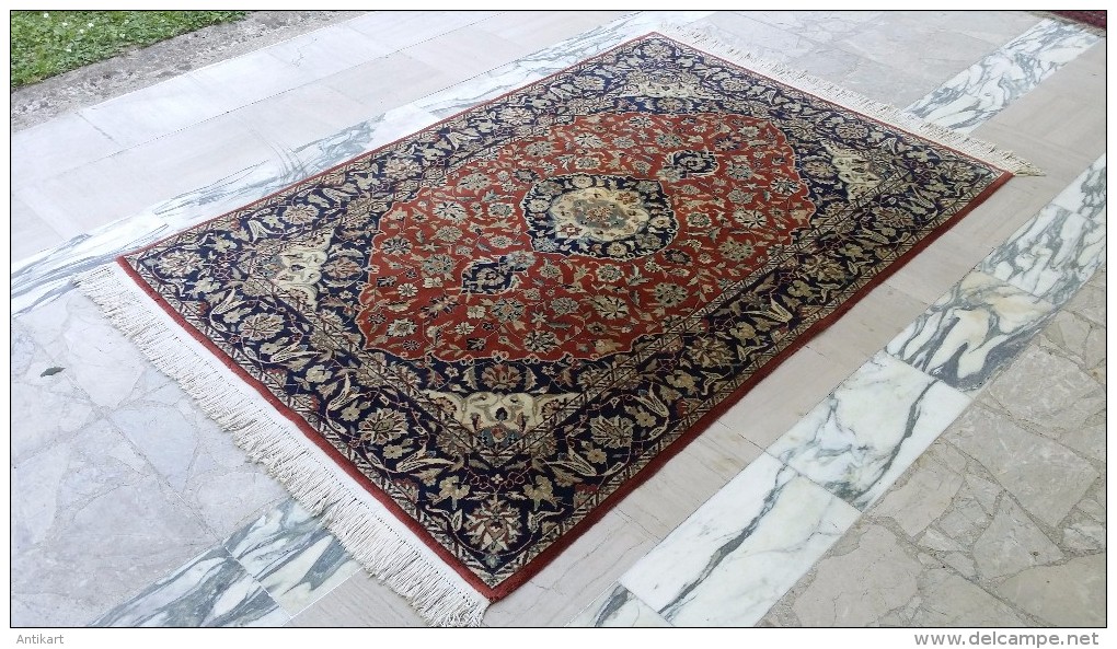 NAIN - Tapis crème bordeaux et bleu - Superbe qualité 9LA Laine/soie chaîne coton