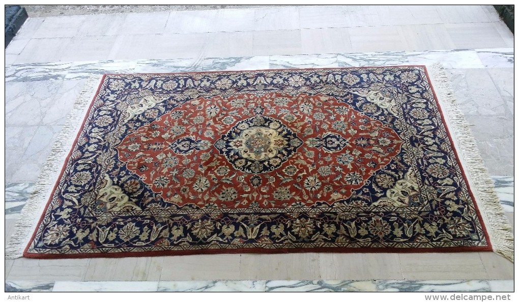 NAIN - Tapis crème bordeaux et bleu - Superbe qualité 9LA Laine/soie chaîne coton