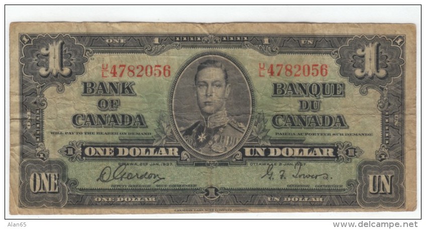 Canada #58d 1 Dollar 1937 Banknote Currency Money - Canada