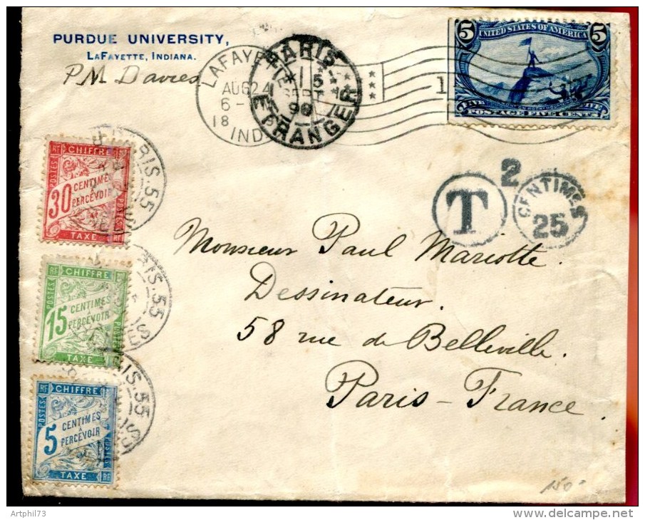 79160 B - 1 TP, Tarif  5 C, OMEC LAFAYETTE Aug  1898 Avec Cachet T Pour La FRANCE Et  3 Timbres Taxe TB - Lettres & Documents