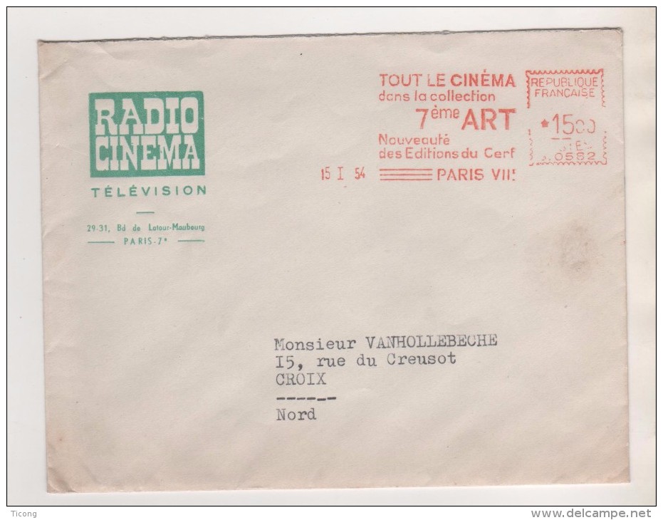 THEME CINEMA RADIO - EMA 1954 TOUT LE CINEMA DANS LA COLLECTION 7EME ART - ENVELOPPE RADIO CINEMA TELEVISION PARIS - Cinema