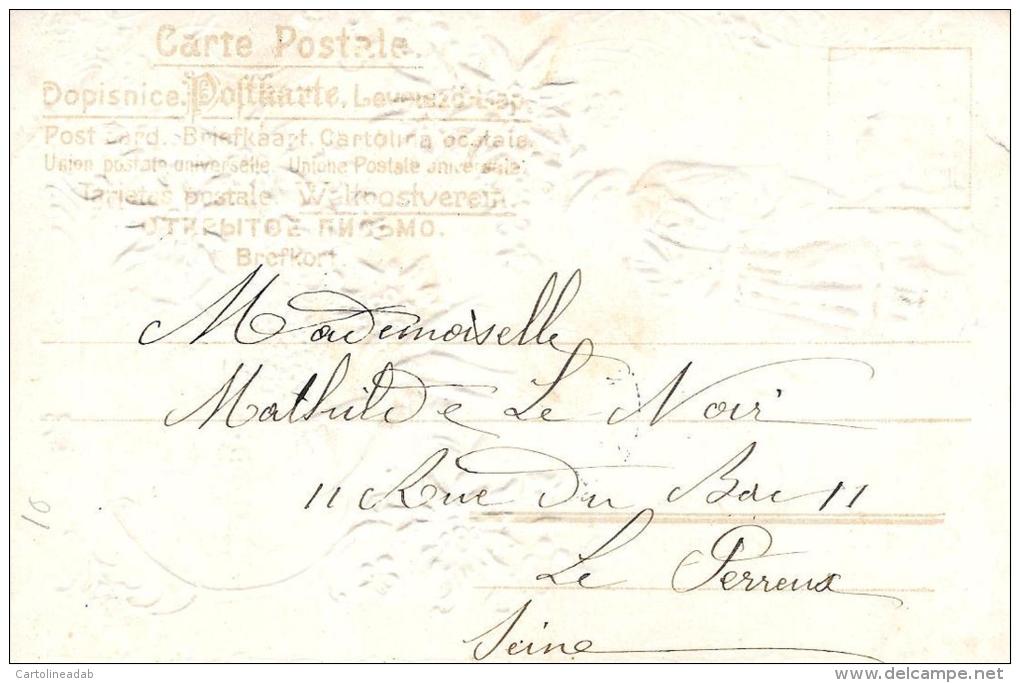 [DC4751] CARTOLINA - ILLUSTRATA - COPPIA DI INNAMORATI - RONDINI - FIORI - IN RILIEVO - Viaggiata 1904 - Old Postcard - Coppie