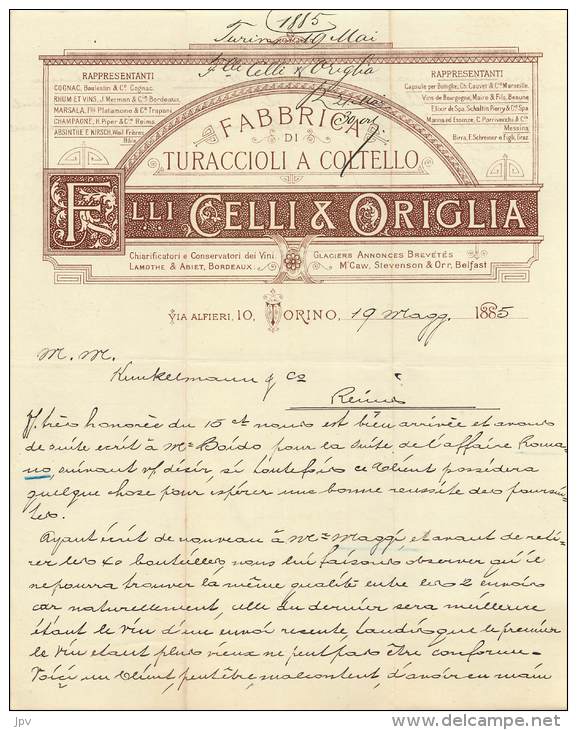 FACTURE LETTRE : TORINO . CELLI ET ORIGLIA . 1885 . - Italie