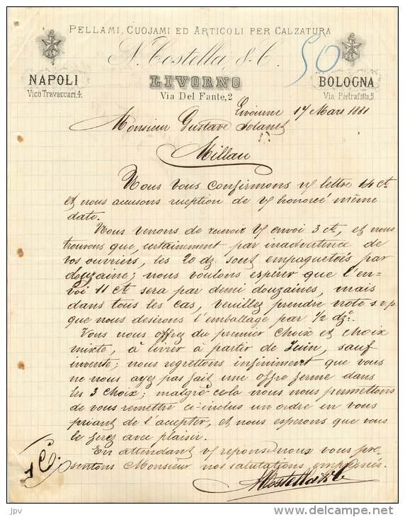 FACTURE LETTRE : BOLOGNA . LIVORNO . N. COSTELLA ET CIE . 1881 . - Italy