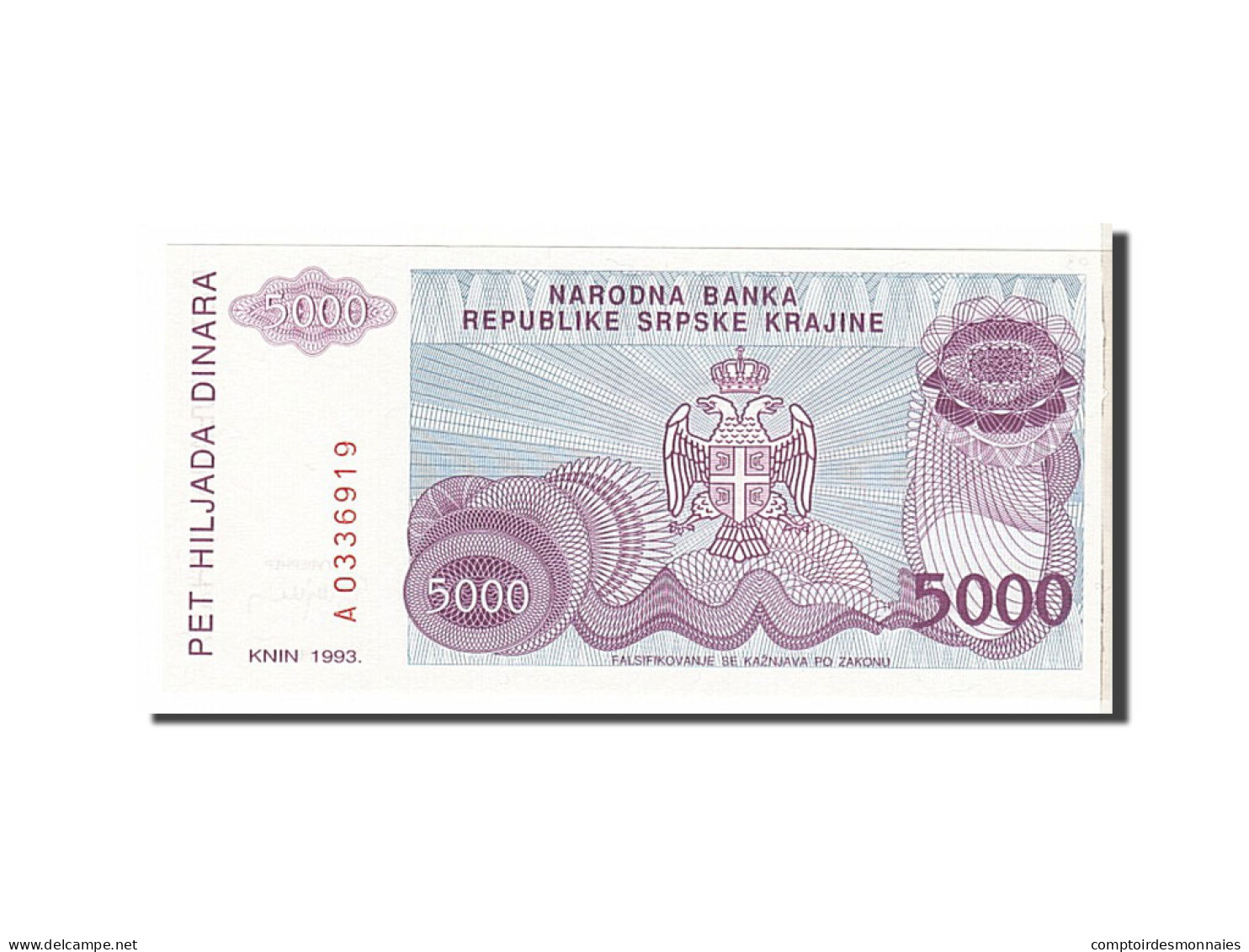 Billet, Croatie, 5000 Dinara, 1993, SPL - Croatie