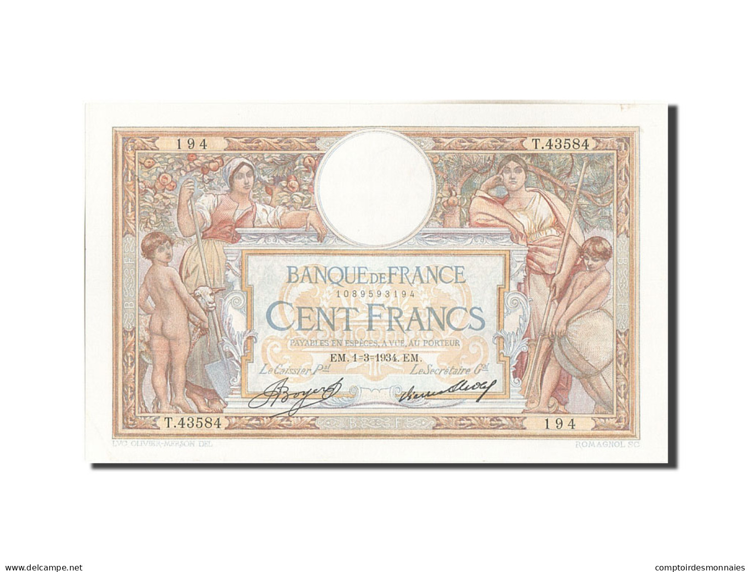 Billet, France, 100 Francs, 100 F 1908-1939 ''Luc Olivier Merson'', 1934 - 100 F 1908-1939 ''Luc Olivier Merson''