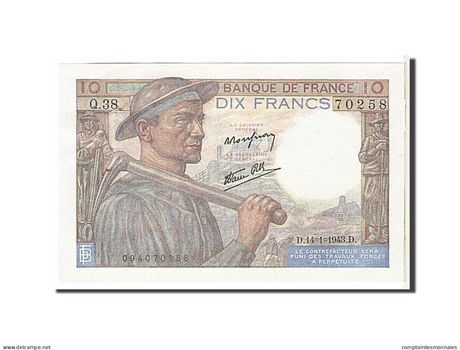 Billet, France, 10 Francs, 10 F 1941-1949 ''Mineur'', 1943, SPL, Fayette:8.7 - 10 F 1941-1949 ''Mineur''