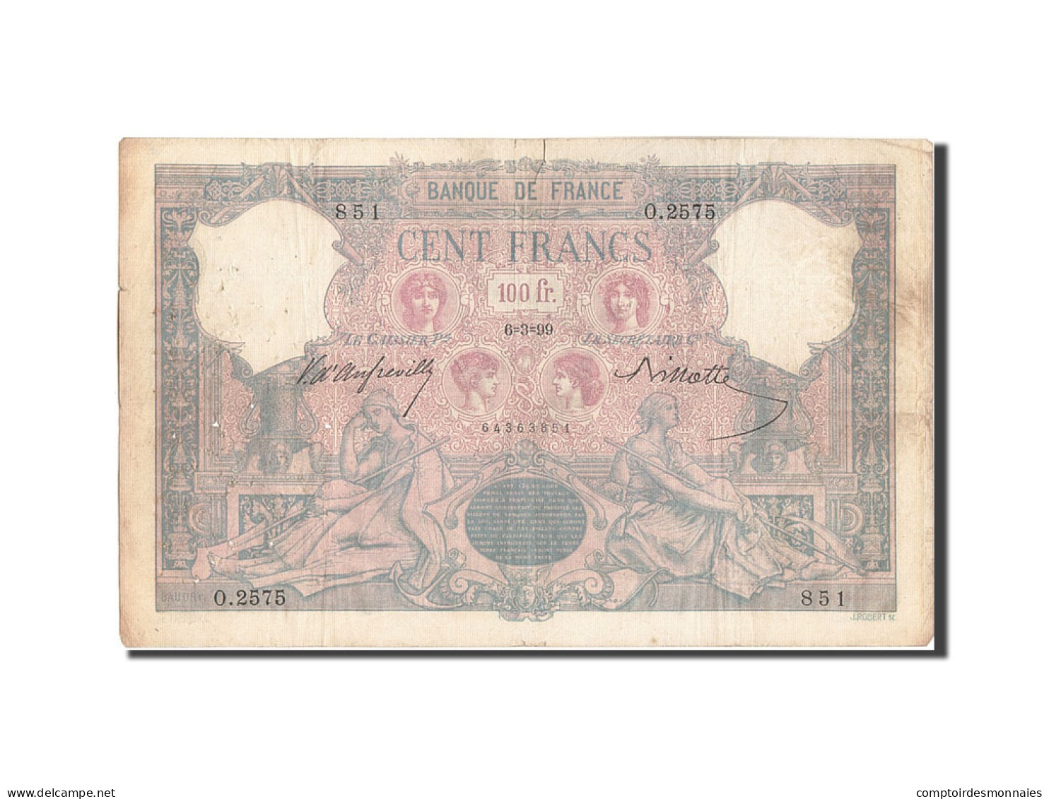 Billet, France, 100 Francs, 100 F 1888-1909 ''Bleu Et Rose'', 1899, 1899-03-06 - 100 F 1888-1909 ''Bleu Et Rose''