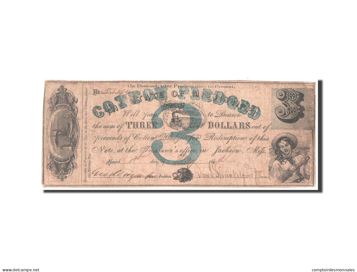 Billet, États-Unis, 3 Dollars, 1862, TB - Mississippi