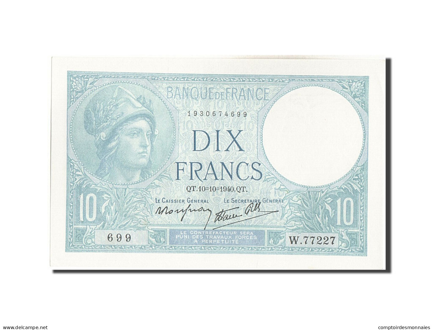 Billet, France, 10 Francs, 10 F 1916-1942 ''Minerve'', 1940, 1940-10-10, SPL - 10 F 1916-1942 ''Minerve''