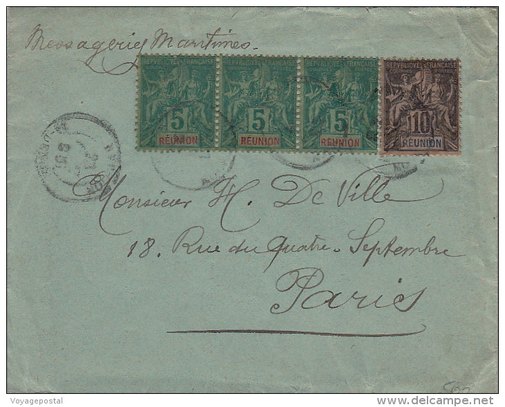 Lettre Reunion ST Denis 5cts Bande De Trois&10cts Pour Paris 1895 - Briefe U. Dokumente