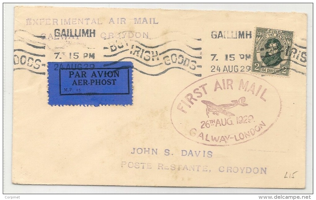 IRELAND - EIRE - 1929 COVER - EXPERIMENTAL FIRST AIR MAIL FLIGHT GALWAY - CROYDON  Scarce GAILLIMH Cancel - Rr - Poste Aérienne