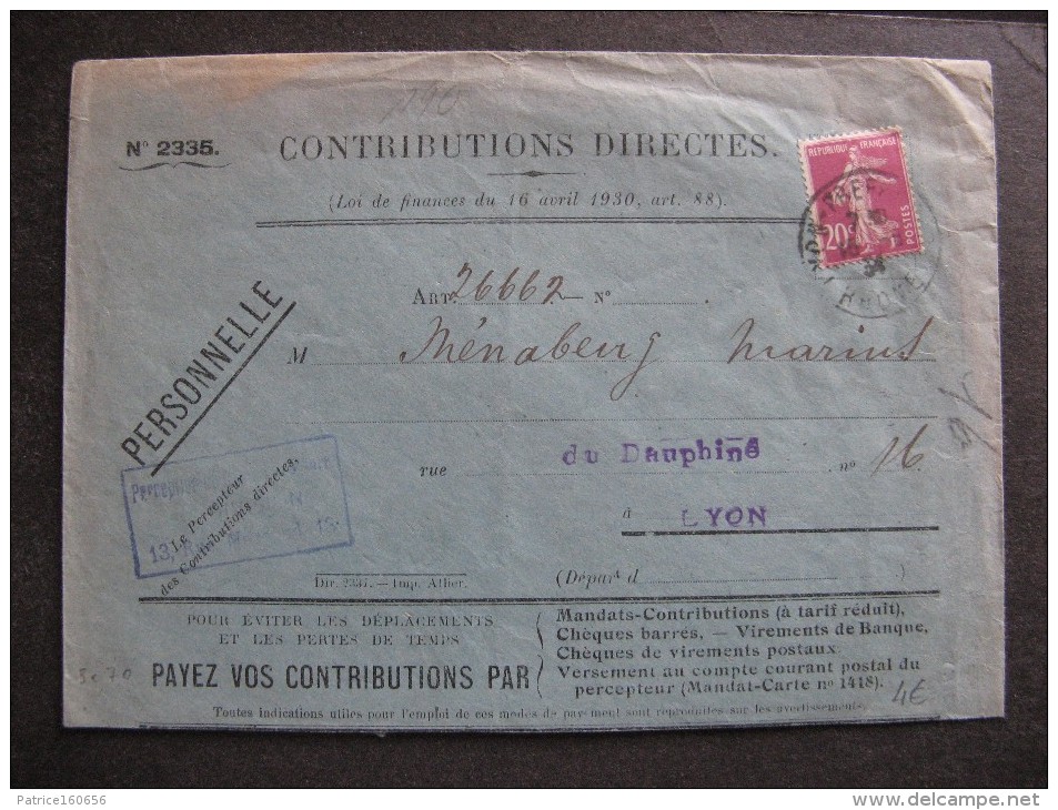 Se 70 - TB Enveloppe  Affranchie Avec N° 190 ;  De Lyon Pour Lyon ( 15/ .. /1934 ) - 1921-1960: Modern Period