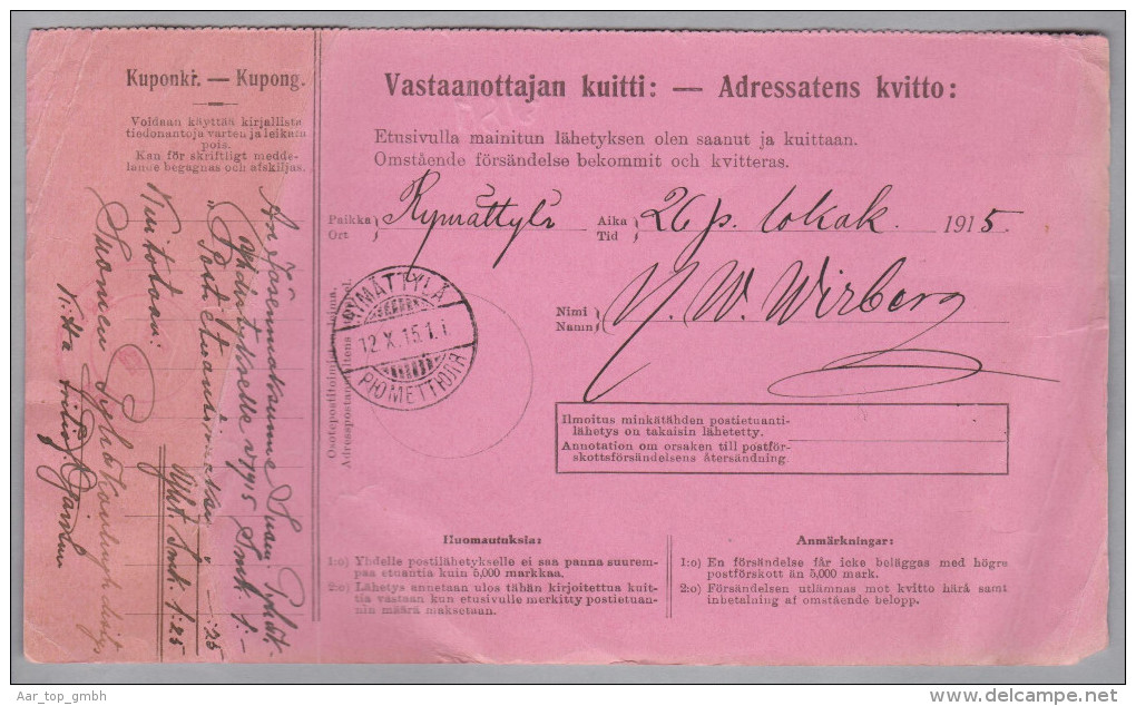 Finland Helsinski1915-10-11 Paketkarte Nach Rymättyla - Lettres & Documents