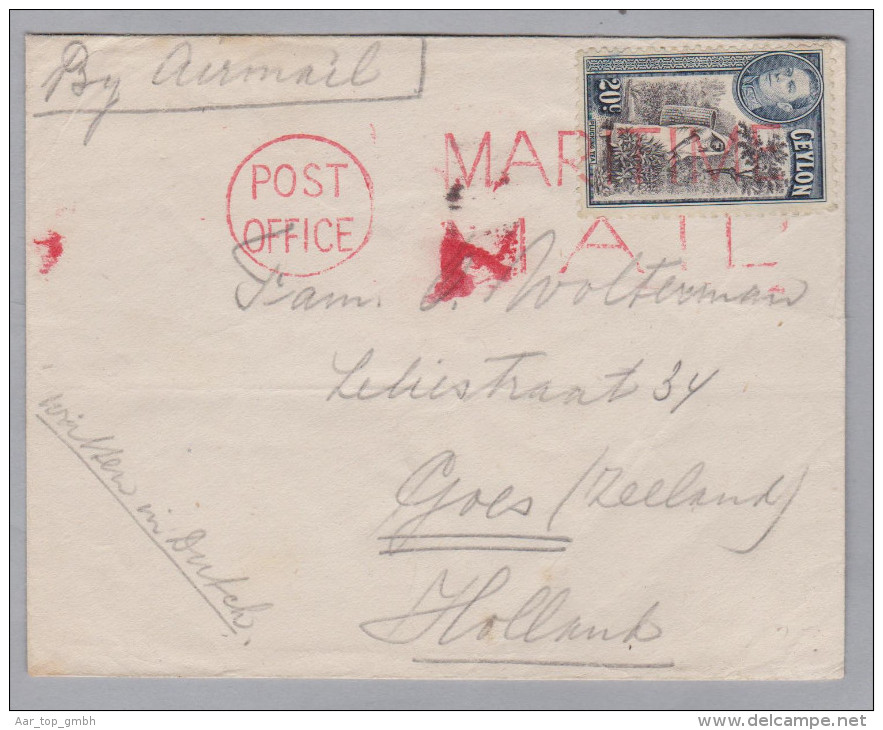 Asien CEYLON Colombo Post Office Maritime Mail In Rot Auf Brief Nach Goes Niederland - Ceylon (...-1947)