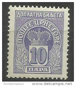 Montenegro - 1907 Postage Due Crown 10h MLH  Sc J20 - Montenegro