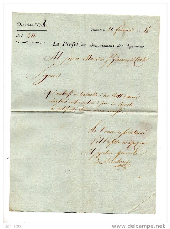 !!! DEPARTEMENT CONQUIS 110 LES APENNINS MARQUE POSTALE DE CHIAVARI SUR DOCUMENT DU PREFET DU DEPARTEMENT DES APENNINS - 1792-1815: Départements Conquis