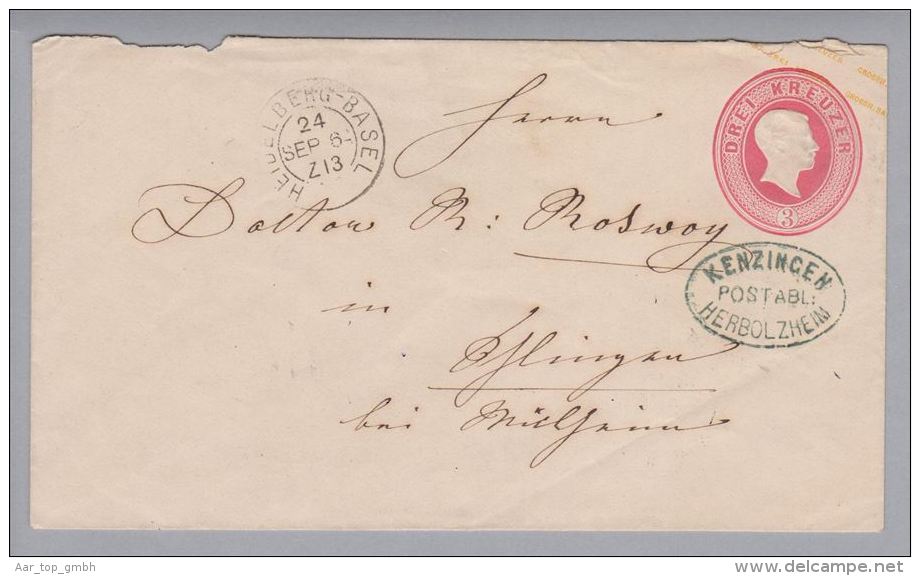 Baden 186?-09-06 3 Kreuzer GS Von Herbolzheim Postablagestempel Nach ?b.Mülheim - Interi Postali