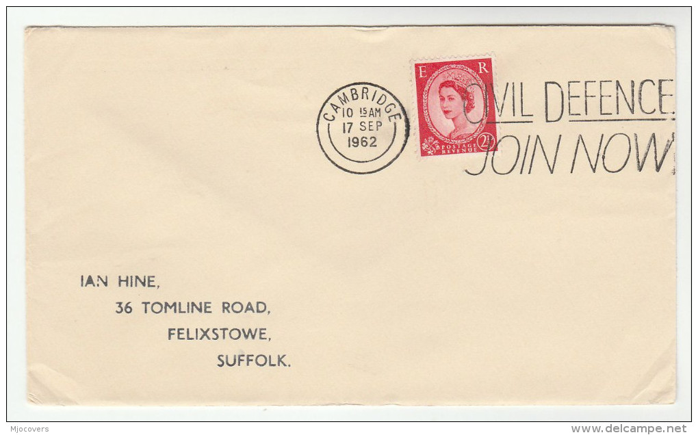 1962 Cambridge GB COVER SLOGAN Pmk CIVIL DEFENCE JOIN NOW Stamps - Briefe U. Dokumente