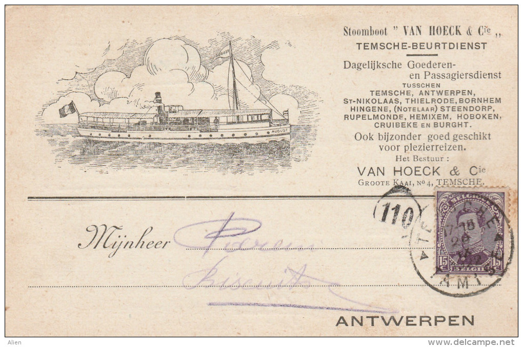 15 Ct Op Kaart 1922 "Stoomboot Van Hoeck & Cie / Temsche Beurtdienst" - Vraag Om Zending Af Te Halen. - Barcos