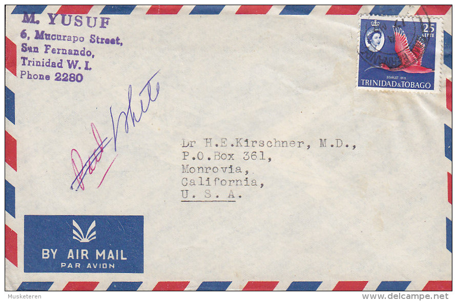 Trinidad & Tobago Air Mail Par Avion SAN FERNANDO 1960? Cover Brief MONROVIA Calif. USA Bird Vogel Oiseau Scarlet Ibis - Trinité & Tobago (...-1961)