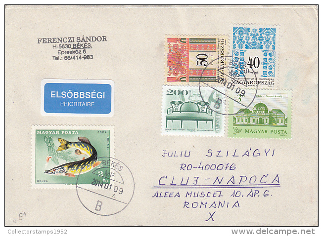 24763- FISH, CASTLE, MOTIFS, SOFA, STAMPS ON COVER, 2014, HUNGARY - Cartas & Documentos