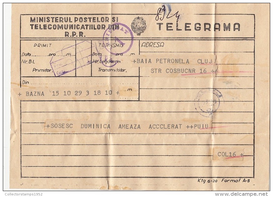 24791- TELEGRAMME SENT FROM BAZNA TO CLUJ, 1957, ROMANIA - Télégraphes