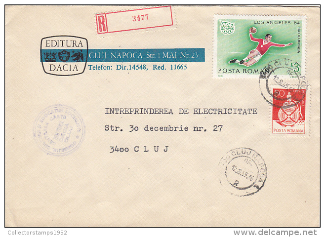 24857- FOLKLORE ART- FLASK, HANDBALL, STAMPS ON REGISTERED COVER, 1985, ROMANIA - Covers & Documents