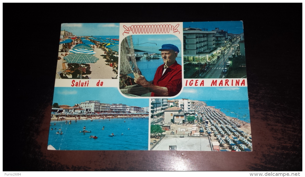 C-41822 SALUTI DA IGEA MARINA PANORAMA SPIAGGIA ALBERGHI HOTEL PESCATORE RETI DA PESCA - Rimini