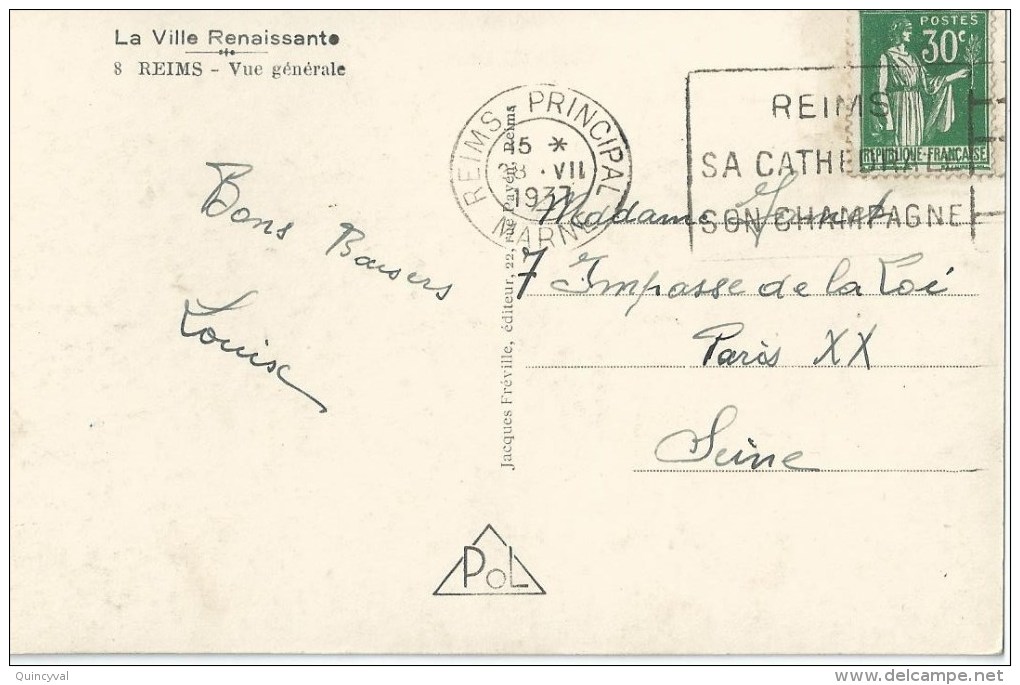 3298 REIMS Principal Marne Carte Postale 30 C Paix Yv 280 Ob 28 7 1937 - Lettres & Documents