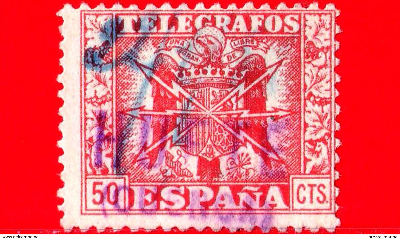 SPAGNA - Usato - 1949 - Telegrafo - Stemmi Araldici - Coat Of Arms - 50 - Télégraphe