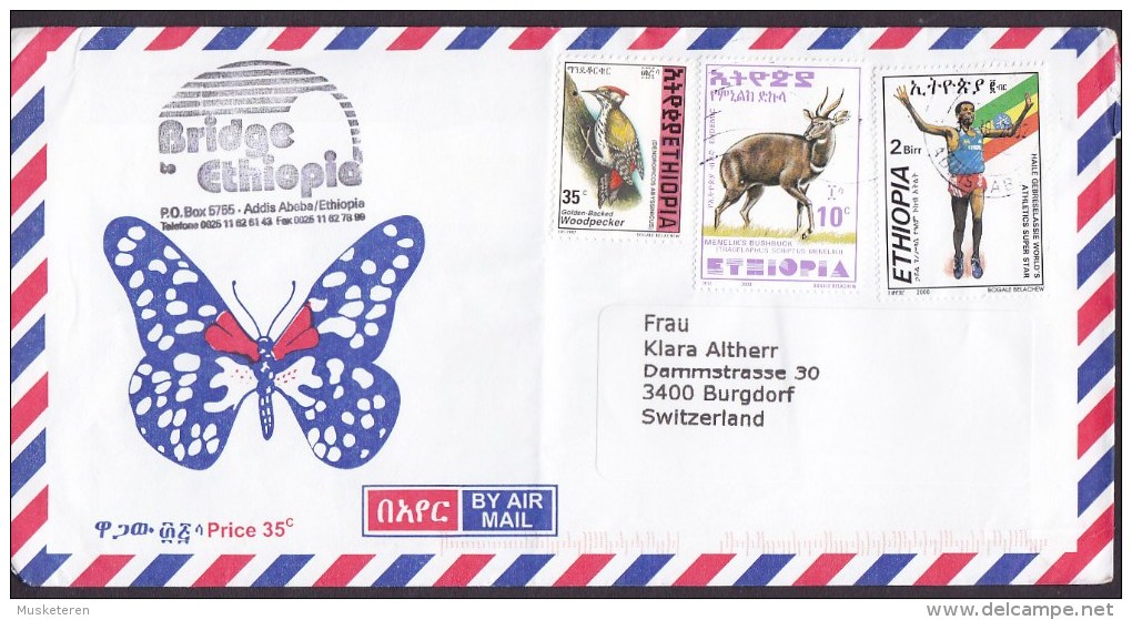 Ethiopia Airmail 2000 Cover Lettre Bird Vogel Oiseau Woodpecker Athletics Schmetterling Butterfly Papillon Cachet - Äthiopien