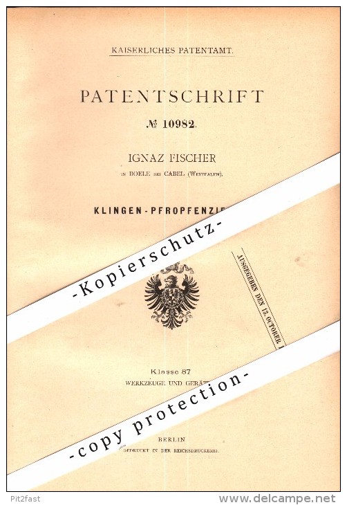 Original Patent - Ignaz Fischer In Boele B. Kabel / Hagen , 1880 , Klingen - Pfropfenzieher !!! - Hagen