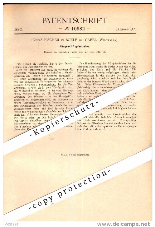 Original Patent - Ignaz Fischer In Boele B. Kabel / Hagen , 1880 , Klingen - Pfropfenzieher !!! - Hagen