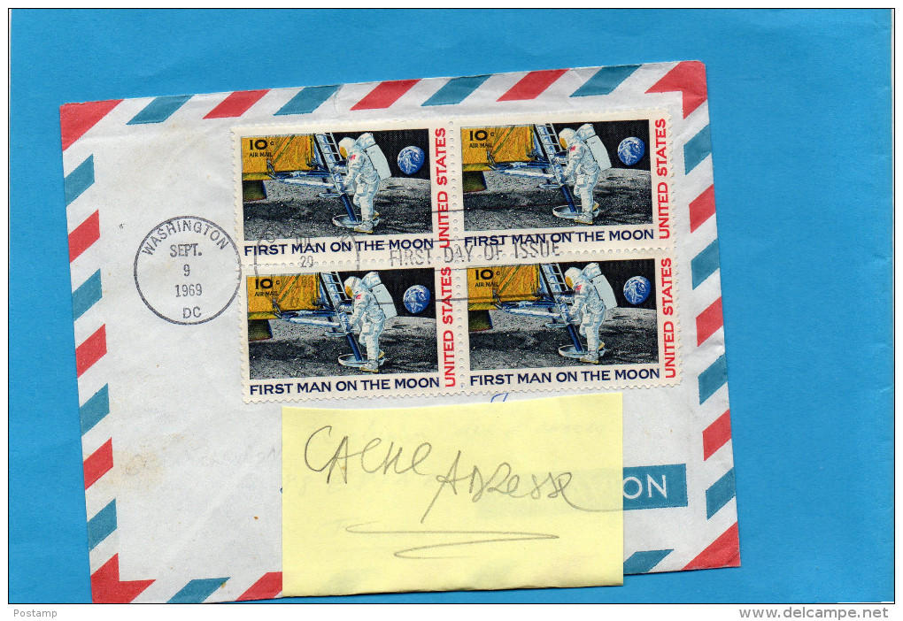 MARCOPHILIE-lettre AVION-USA-pour France Cad 1969-4-stamps-bloc De 4 First Man On The Moon - North  America