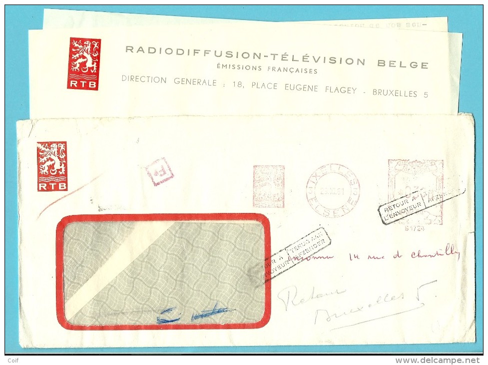 Brief Met Roodfrankeering (B1724) Met Logo RTB (Radio-Tv) Van ELSENE Met Stempel RETOUR En WATERMAAL ..... - ...-1959