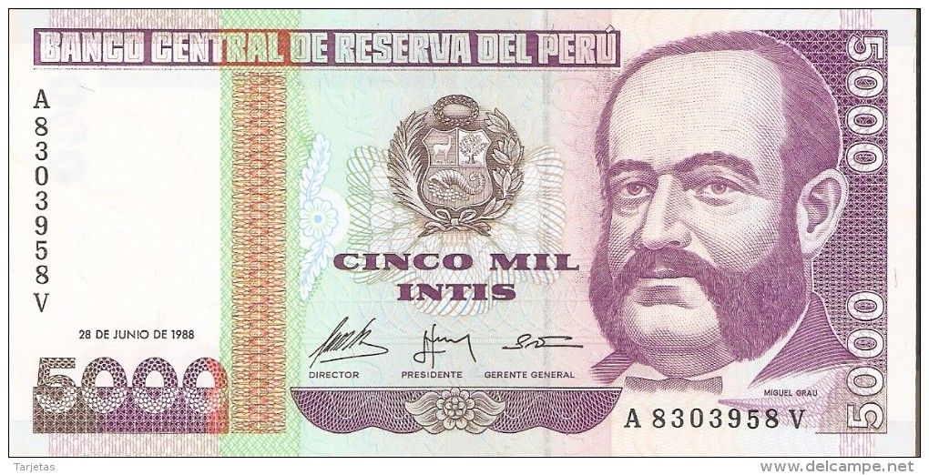 BILLETE DE PERU DE 5000 INTIS DEL AÑO 1988  (BANKNOTE) SIN CIRCULAR-UNCIRCULATED - Perú