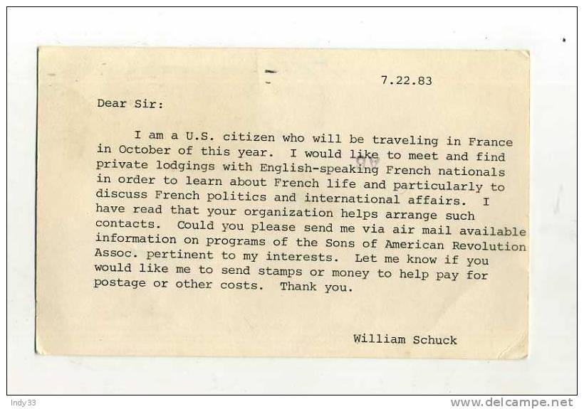 - U.S.A. . AFFRANCHISSEMENT COMPOSE AVEC ENTIER SUR CP COMMEMORATIVE DE 1983  POUR LA FRANCE - Cartes Souvenir