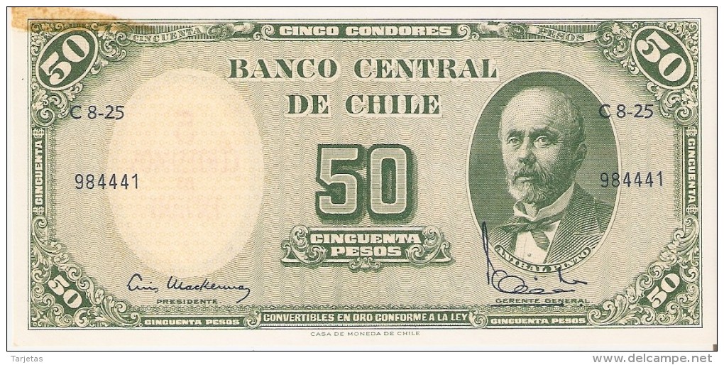 BILLETE DE CHILE DE 50 PESOS DEL AÑO 1960-61 CON MANCHA (BANK NOTE) SIN CIRCULAR-UNCIRCULATED - Chile